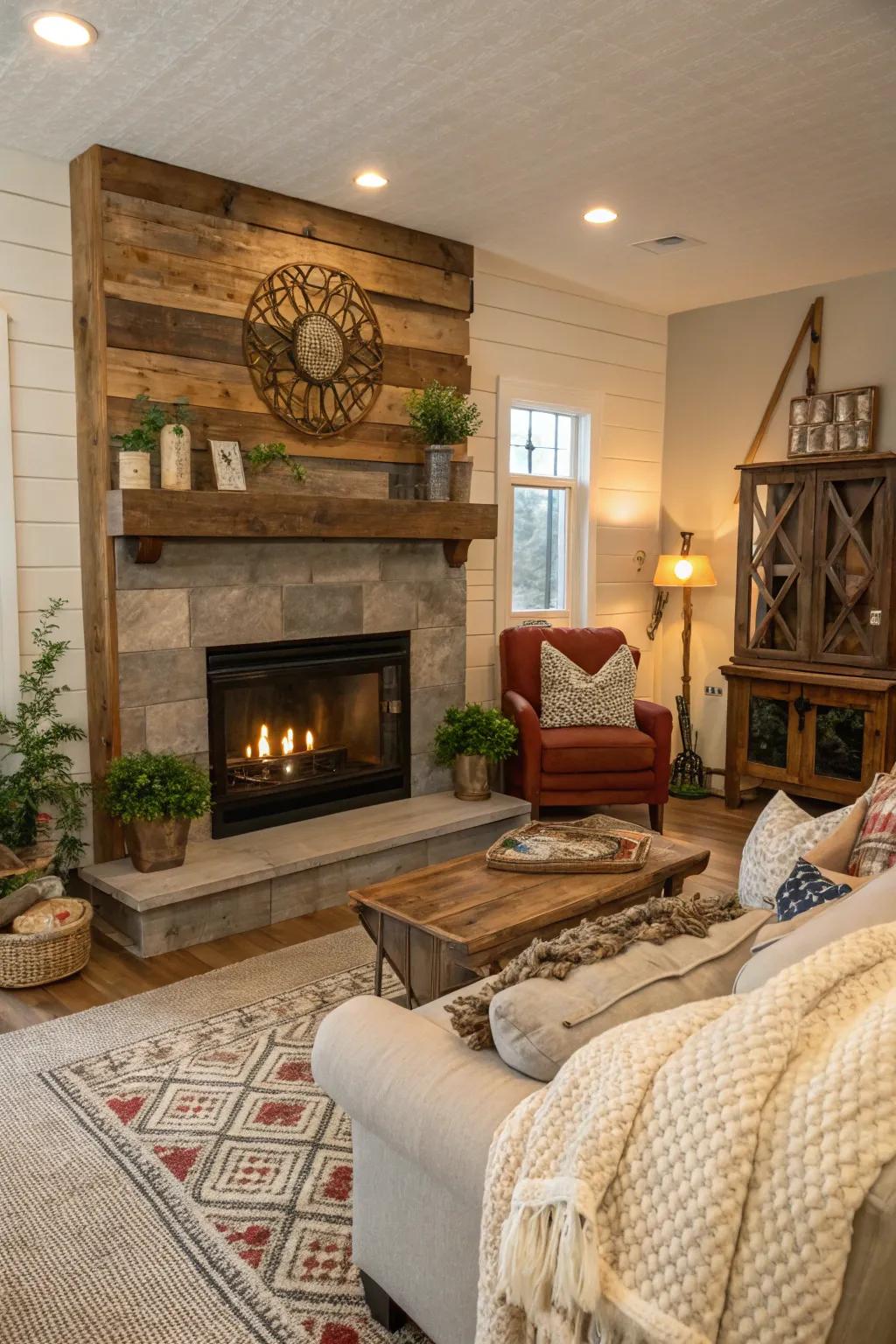 A rustic living room showcasing a recovered timber shiplap fireplace.