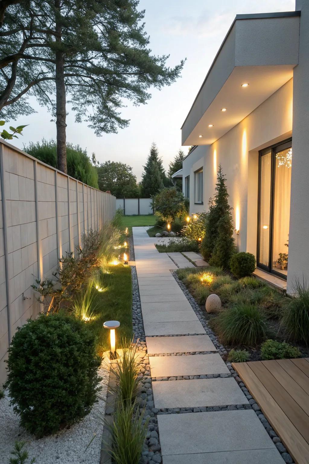 Delicate illumination enriches the mood of your side yard.