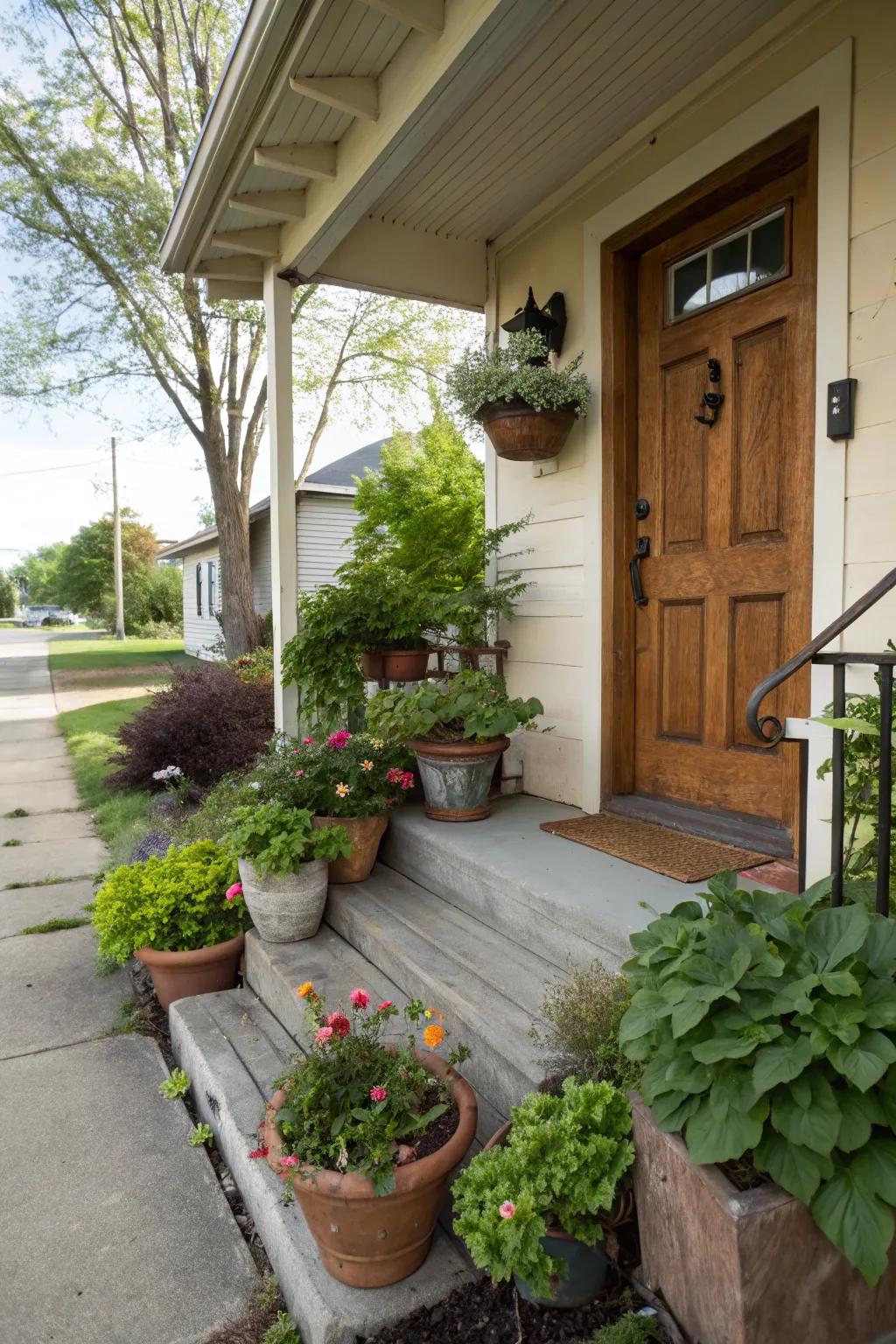 A small front porch decorated with an array of potted plants for a natural touch.