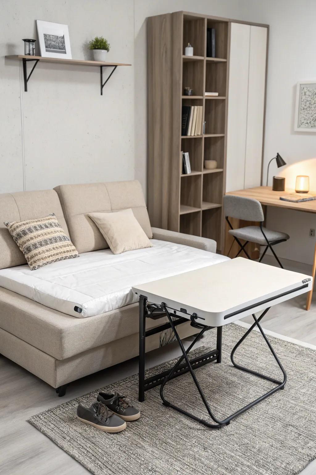 Simple studio apartment furniture featuring an elegant couch bed and an extendable table.