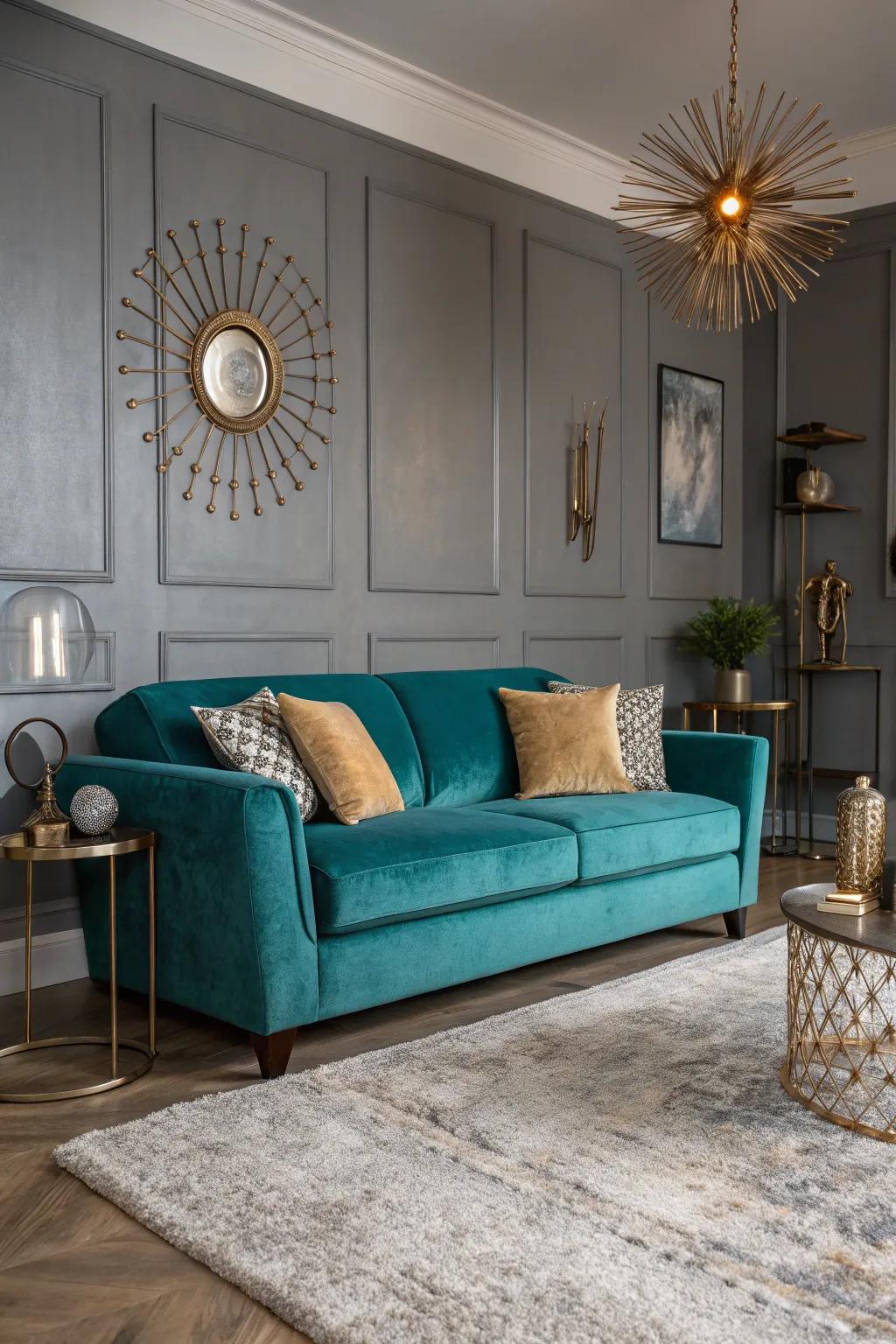 A teal velvet sofa creates a luxurious focal point in a grey-themed living room.