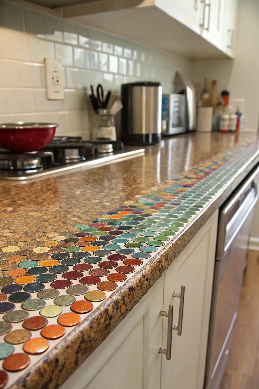 Small circular tiles give this kitchen a fun and vibrant texture.
