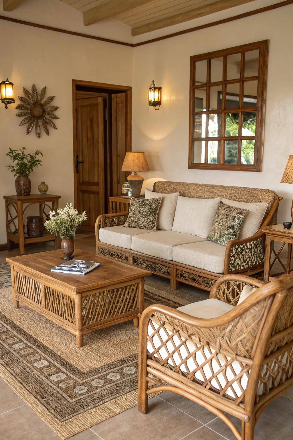 Organic elements such as cane and timber enrich the tropical feeling.