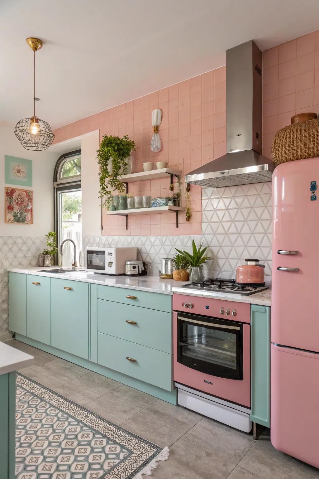 A harmony of soft pastels and striking accents crafts a lively kitchen environment.