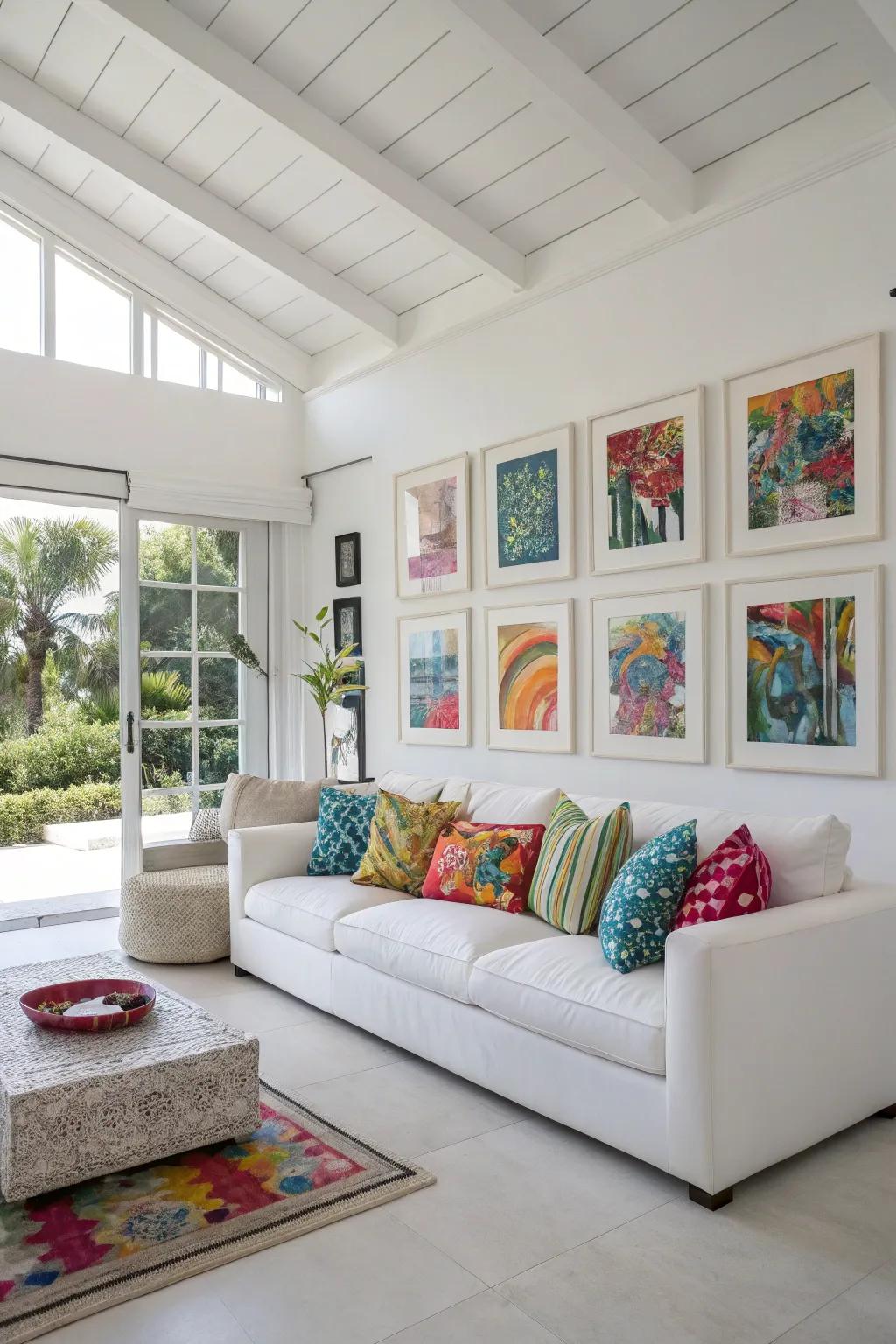 Vibrant artwork and colorful pillows add personality to a white living room.