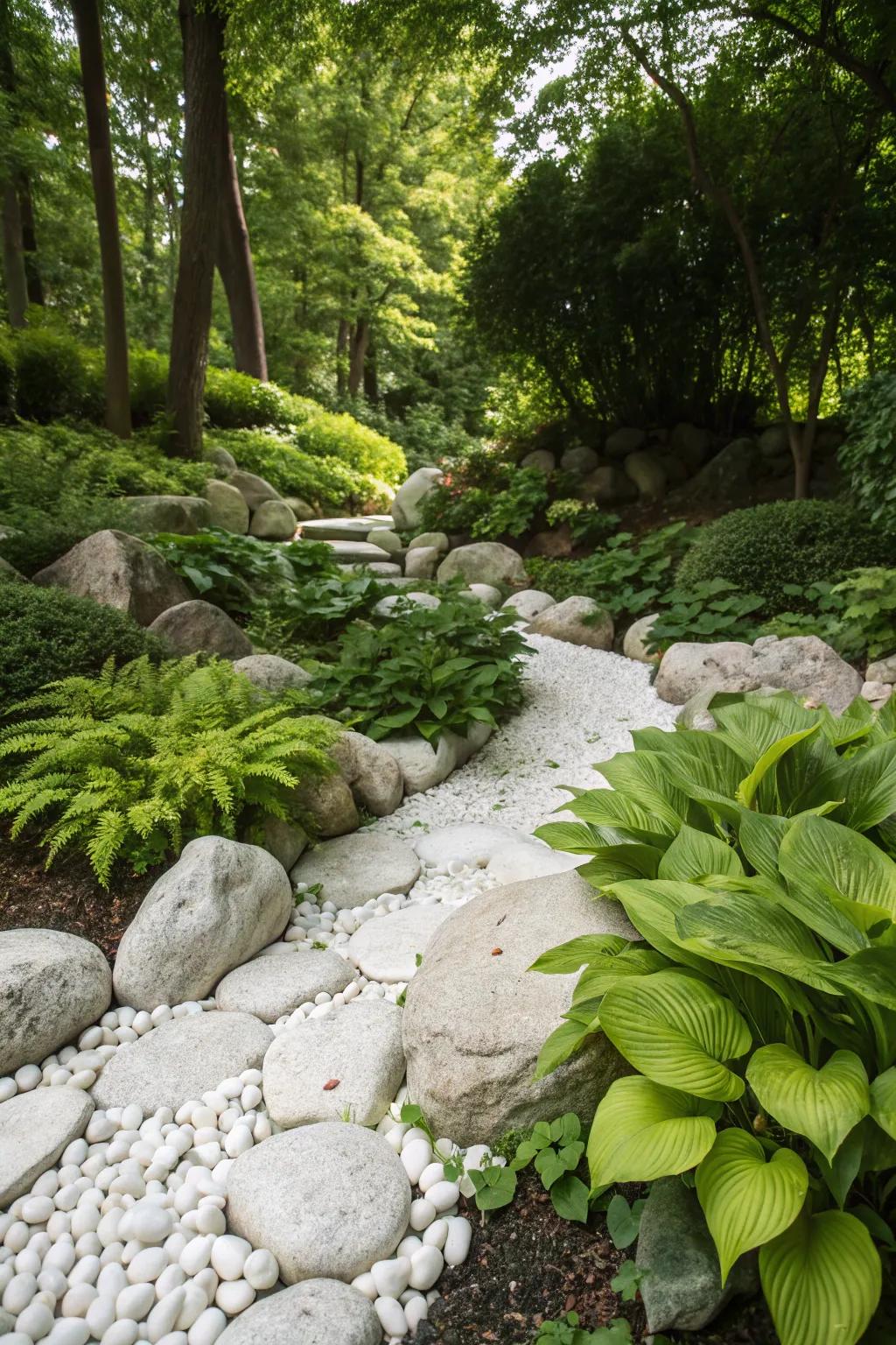 A full garden displaying an enthralling juxtaposition between alabaster stones and vibrant plants.