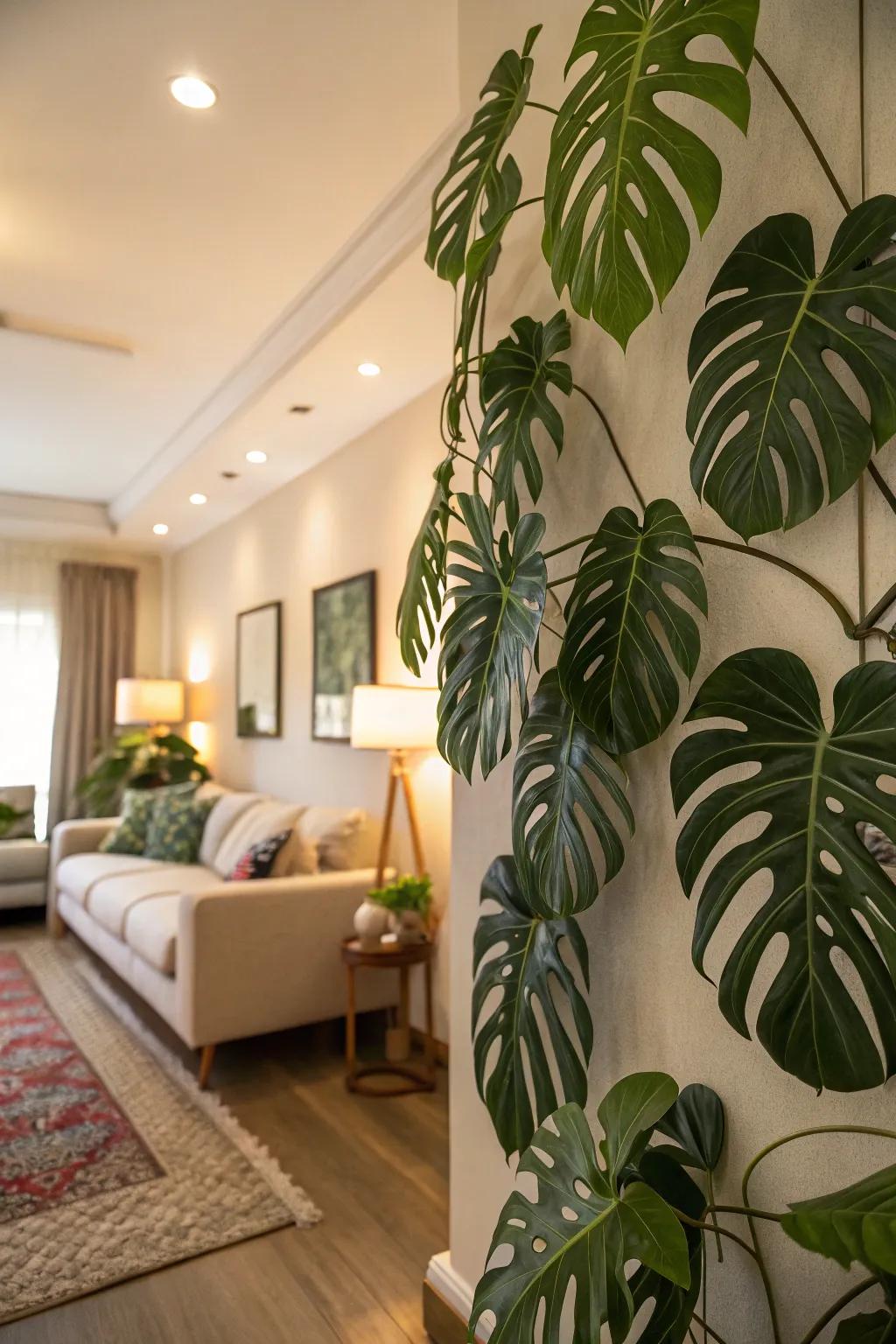 Artistic split-leaf philodendron mural adding dimension to a living room wall.
