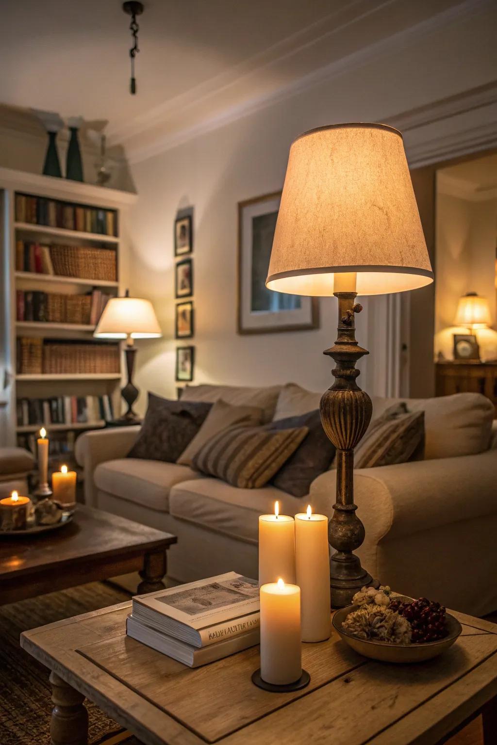 Warm illumination from adjustable lights and candles in a dimly lit living room.