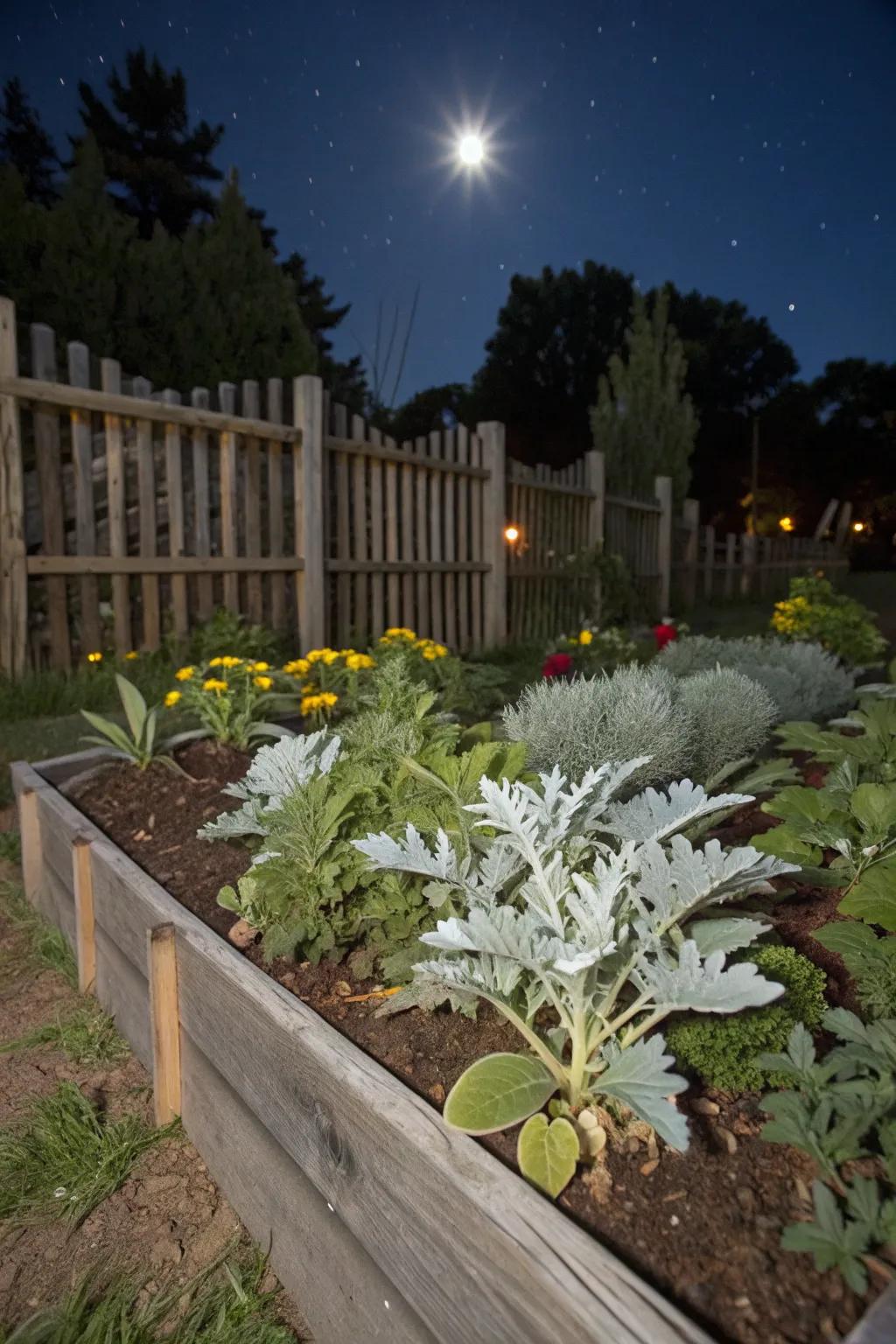 Silvery foliage of Dusty Miller and Lamb's Ear adds a mystical touch.