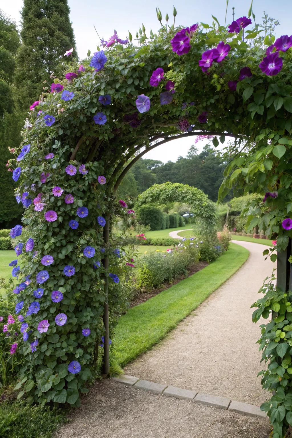 A garden archway adorned with lush morning glories.