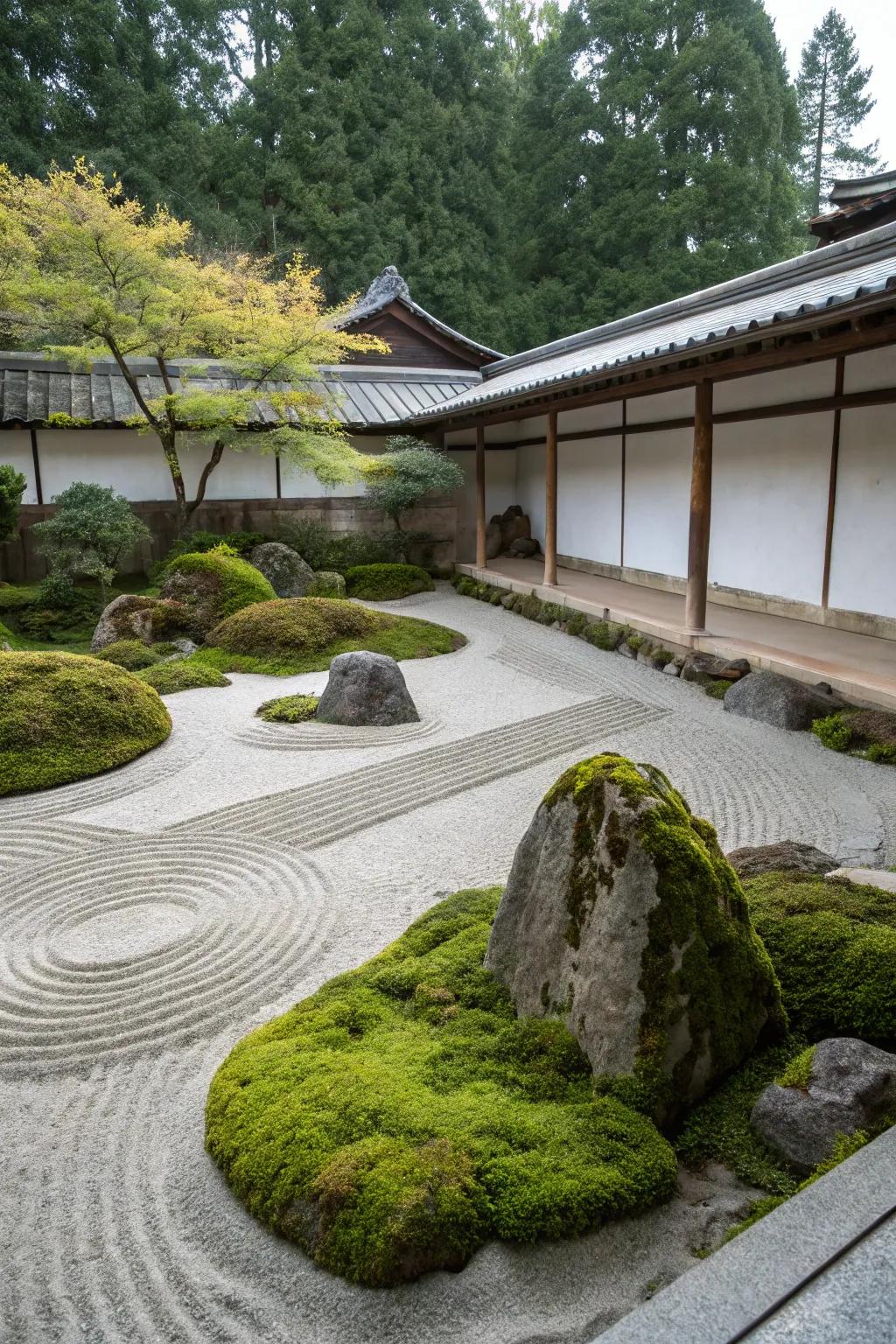 A serene meditation garden showcasing moss stones and artistic grain designs.