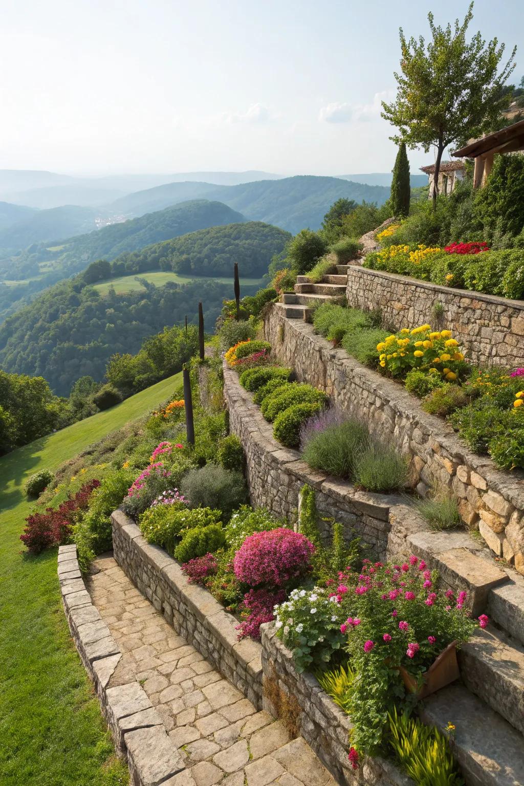 Tiered gardens with stone retaining walls, adding depth to the landscape.