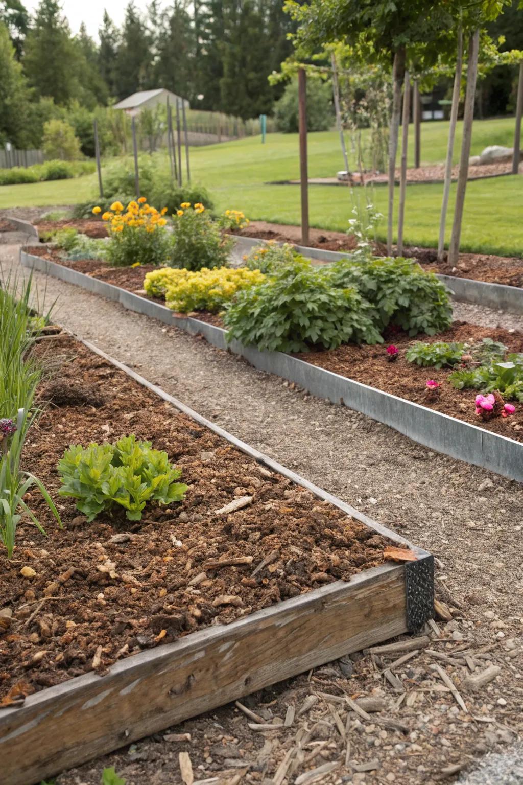 Layered mulch borders with metal edging for a clean look.