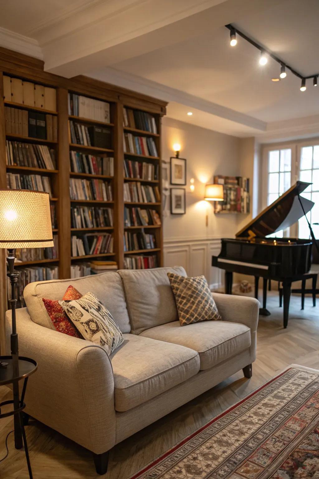 Comfortable seating for a cozy music room experience.