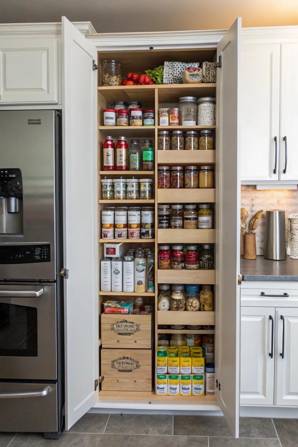A high, slender kitchen cabinet effectively utilizes vertical space for pantry storage needs.