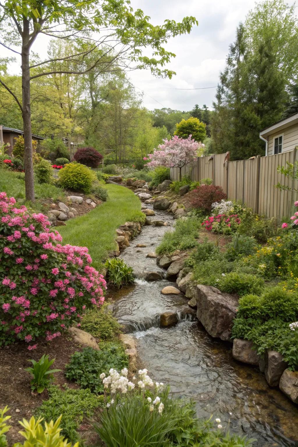 A winding stream that adds a natural touch to the backyard.
