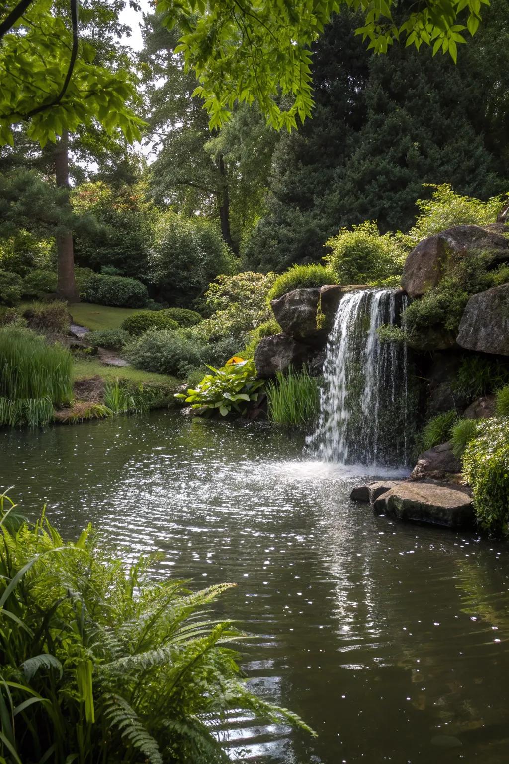A gentle waterfall adds movement and sound to a tranquil pond setting.