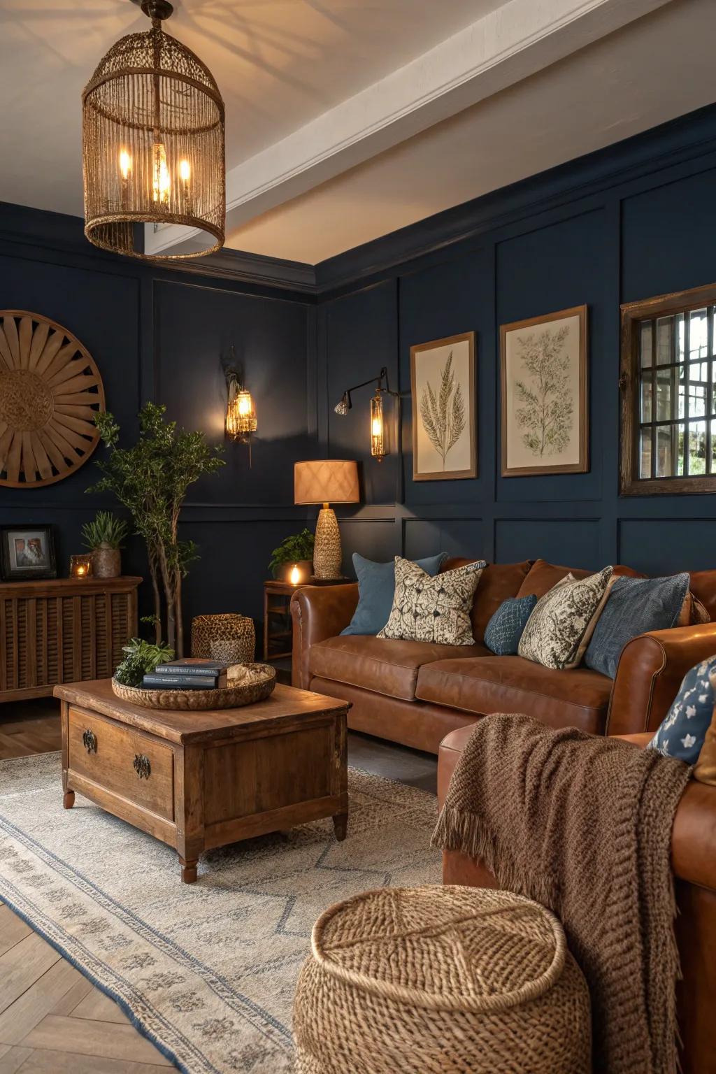 Deep navy walls with earthy brown decor create a cozy yet dramatic atmosphere.
