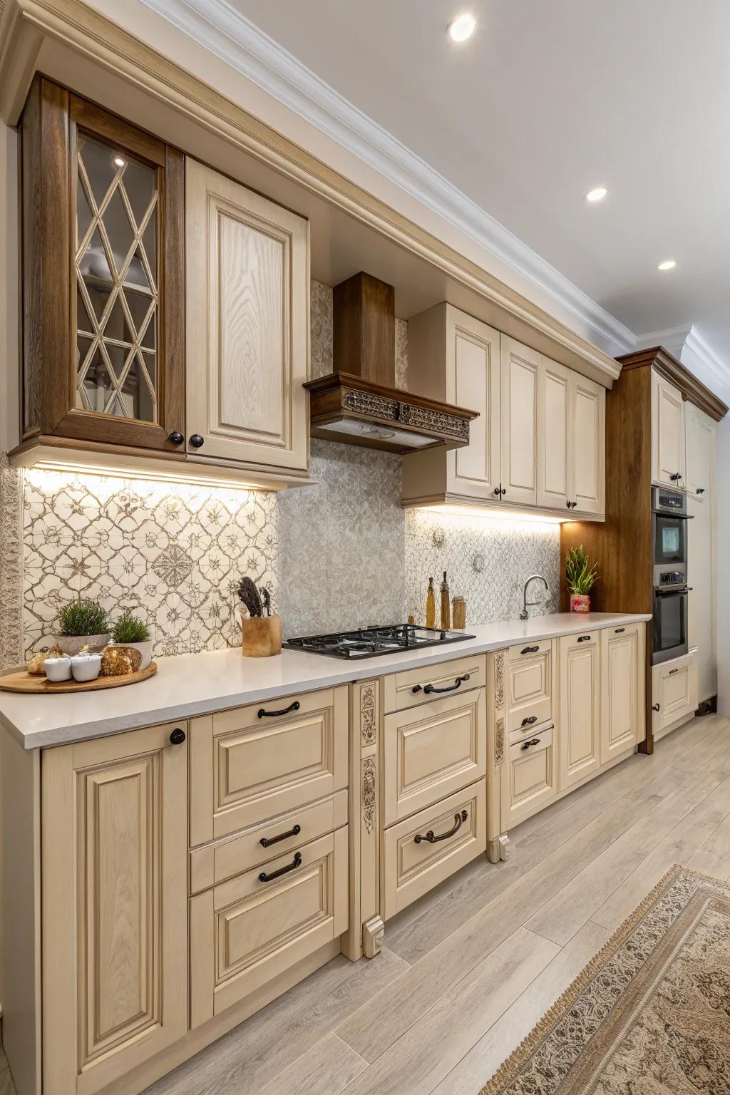 Gentle beige shades infuse comfort and warmth into your kitchen.