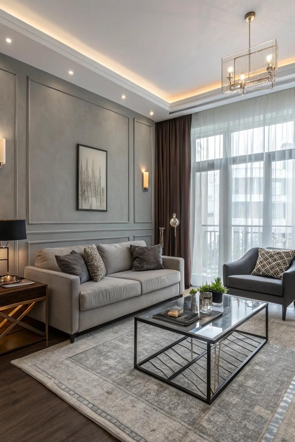 A sophisticated living room featuring light gray tones and sleek furnishings.