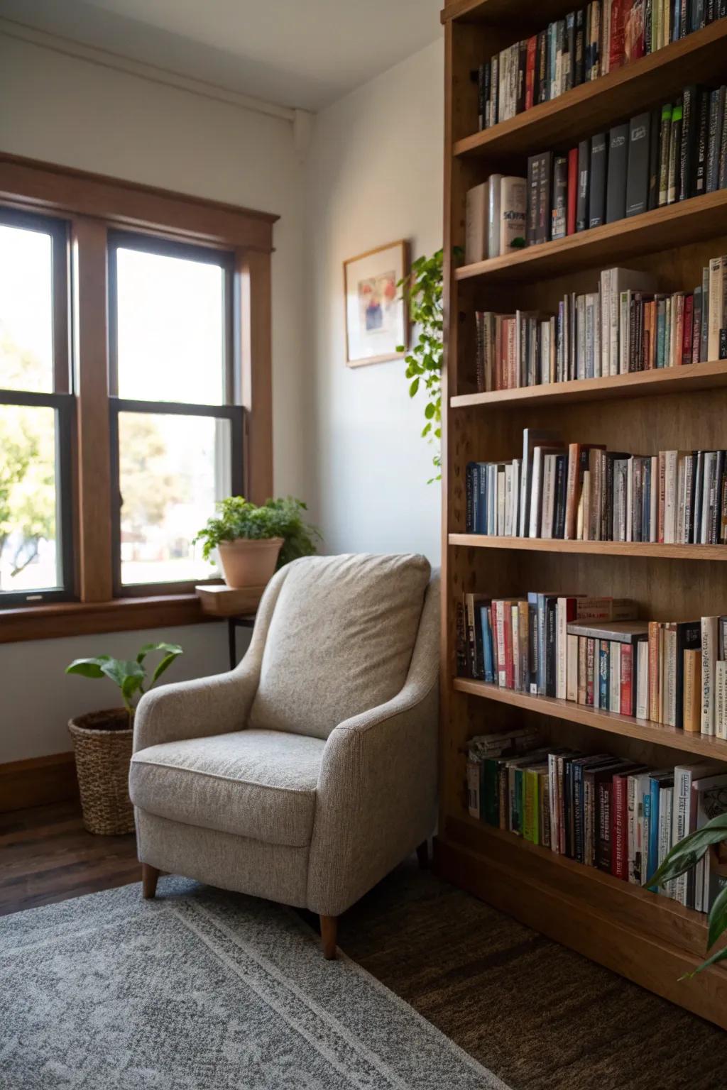 A bookshelf sanctuary merging practicality with a profound appreciation for literature.