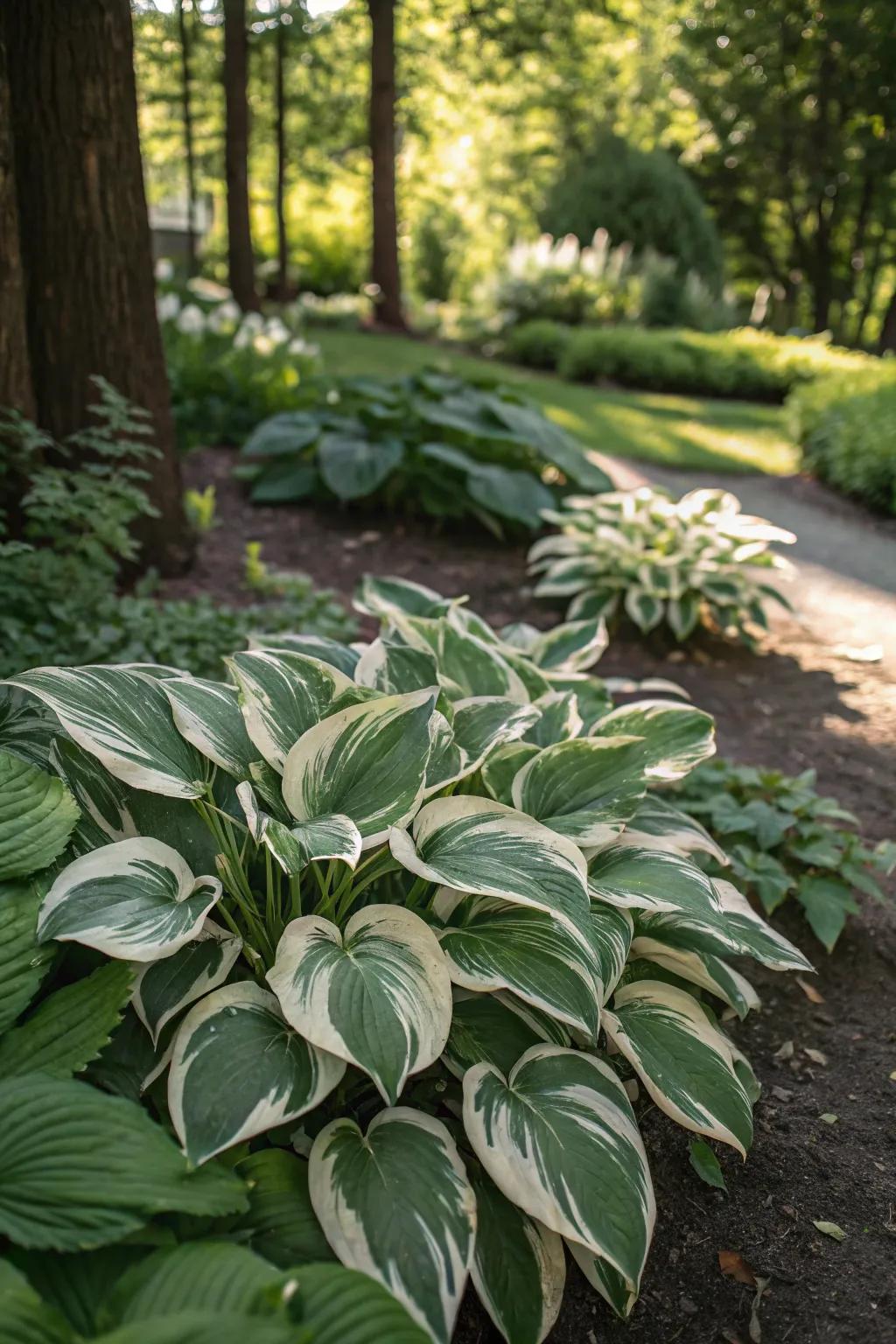 Variegated hostas contribute to the garden's opulent and sophisticated appearance.