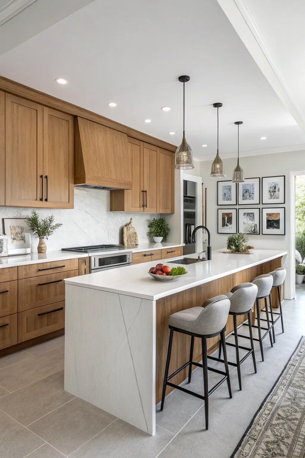 A sleek and modern kitchen with oak and white elements.