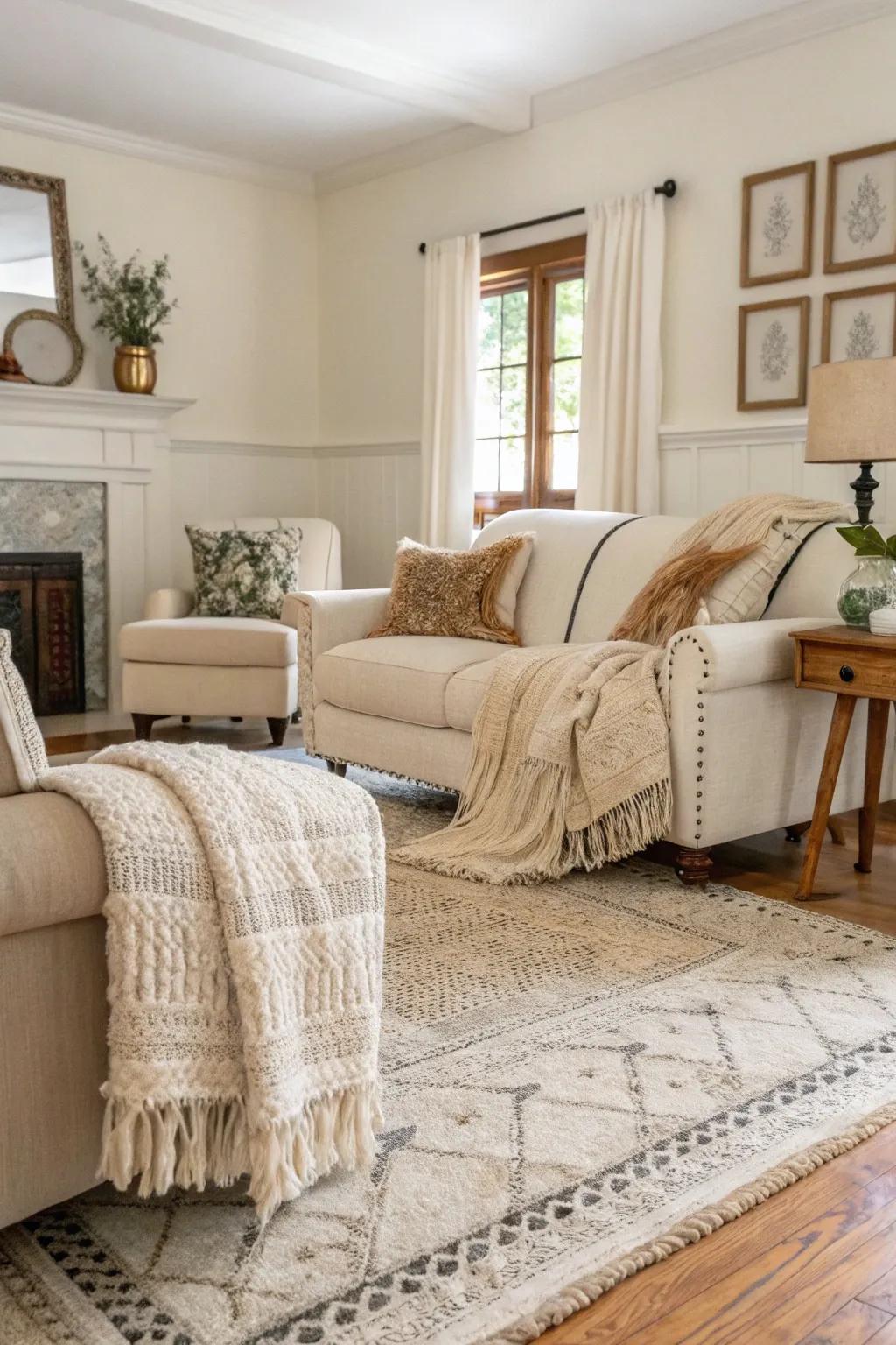 Textured density transforms a pale ivory living space into a comfortable retreat.