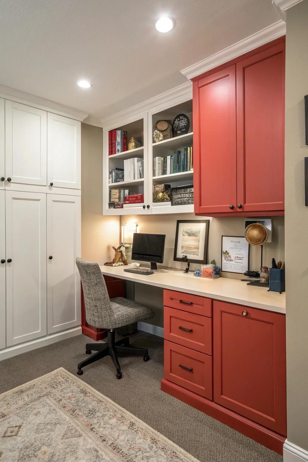 Contrasting cabinet doors bring vibrancy to your office.