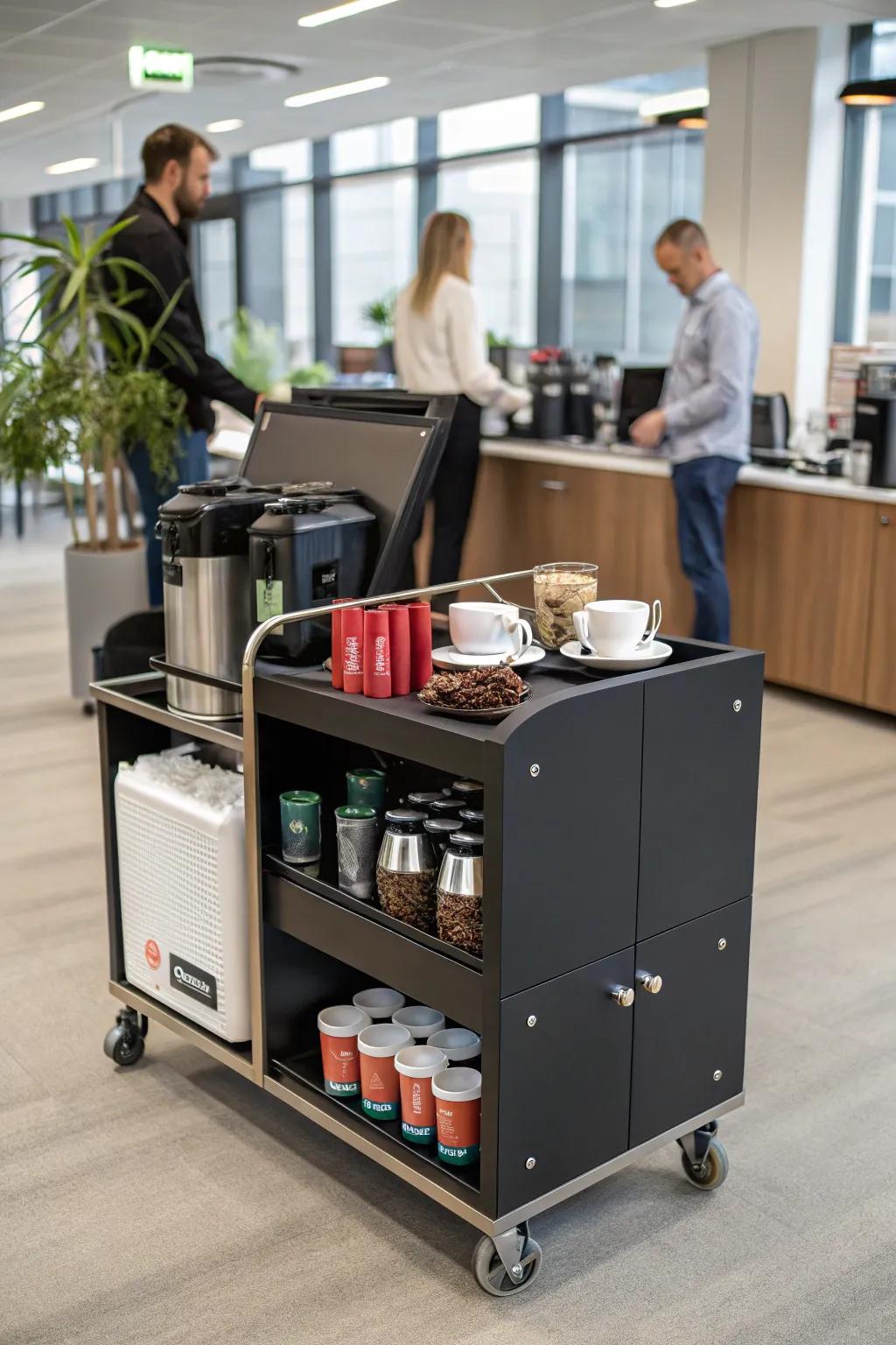 A portable coffee cart enhances versatility and elegance in your office.