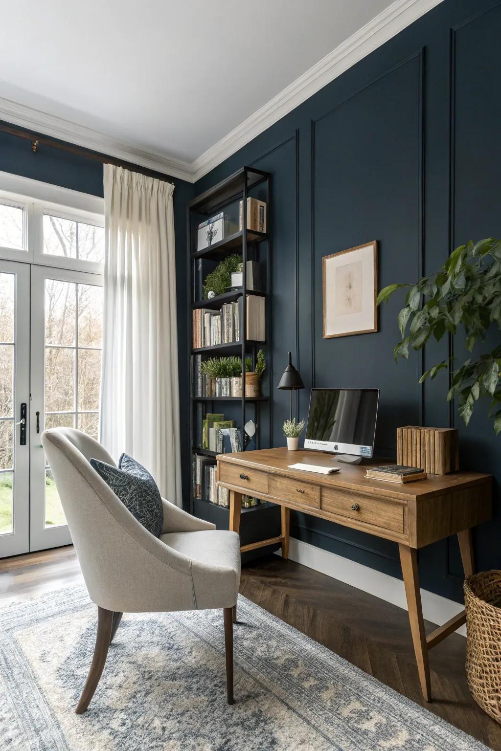 Dark blue adds a sophisticated touch to your office environment.