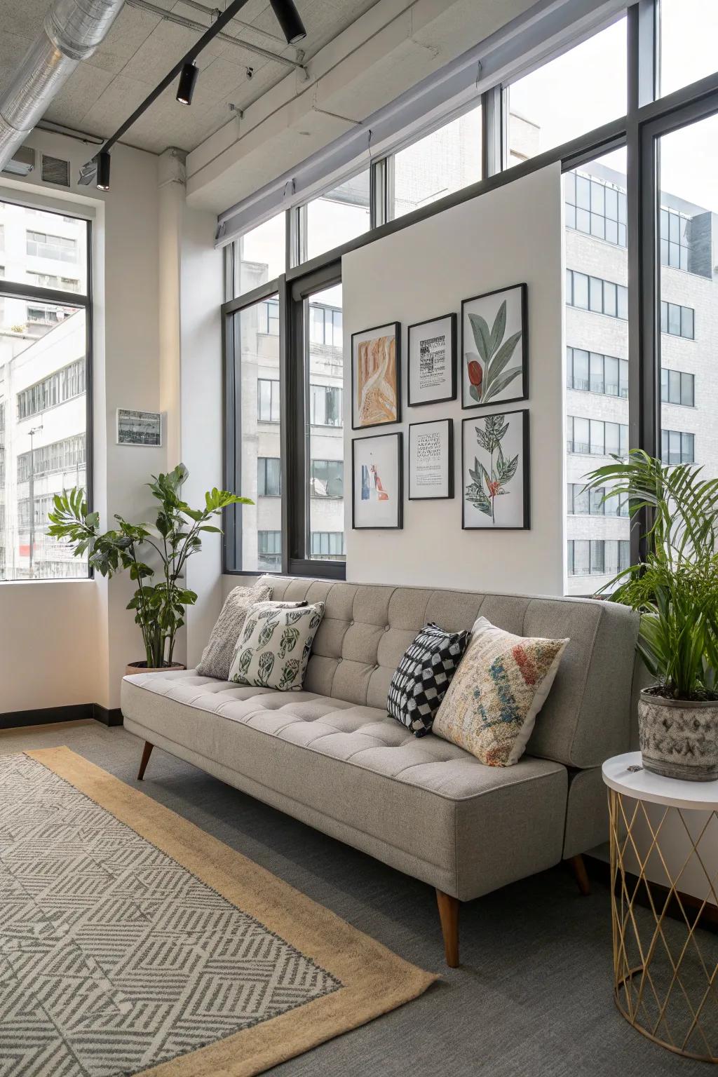 A fashionable and chic transforming couch elevates the office's elegance.