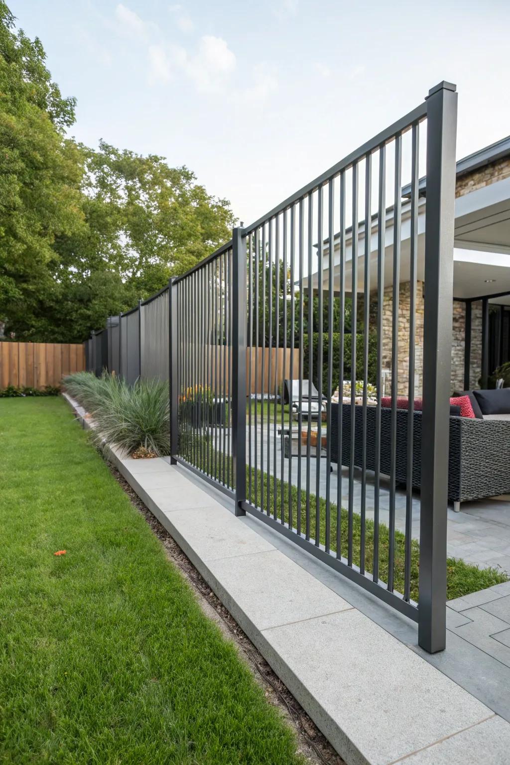 Elegant upright metal strips create a contemporary and airy fence design.