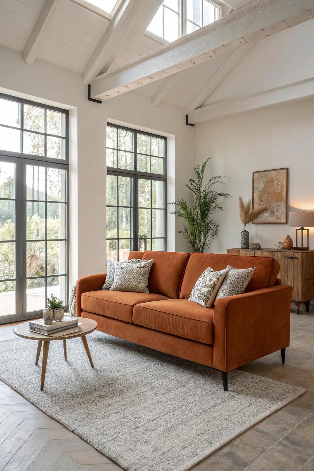 A muted orange sofa distinguishes itself, infusing warmth and flair into the living space.