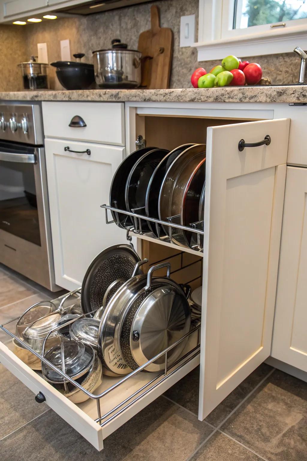Pull-out hangers neatly storing pots and lids in a cabinet.