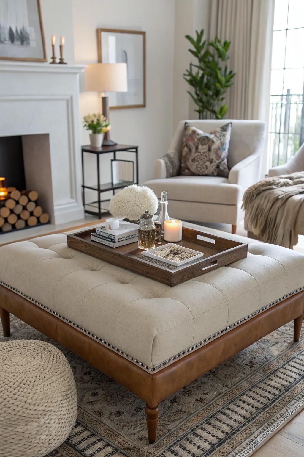 An ottoman as a stylish coffee table centerpiece.