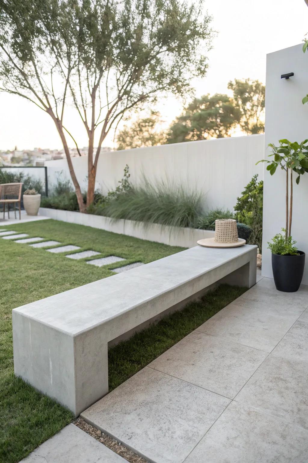 Sleek and modern concrete bench for a chic outdoor space.