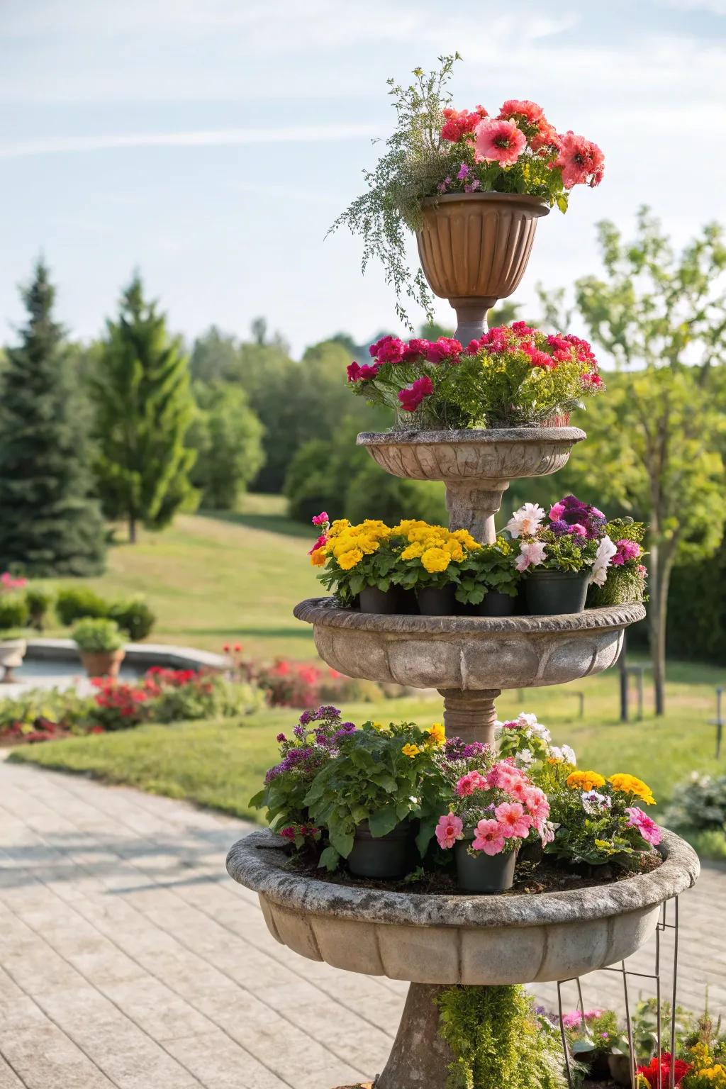A multi-level plant stand showcasing flowers of different heights for a dramatic effect.