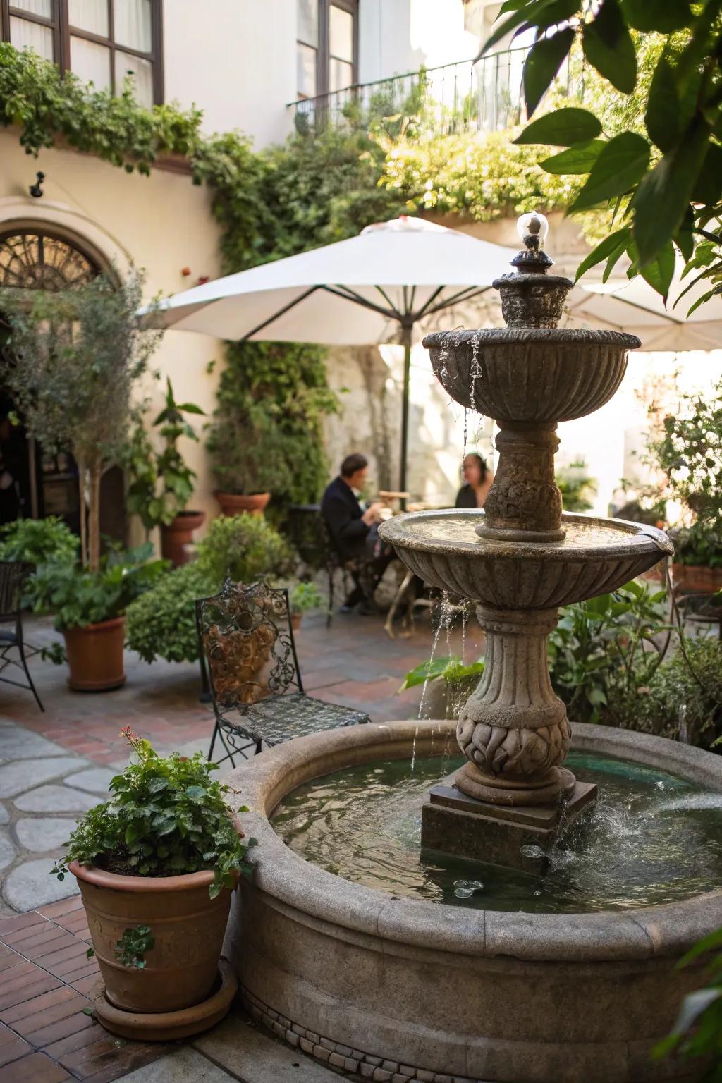 A compact fountain introducing charm to a snug patio.