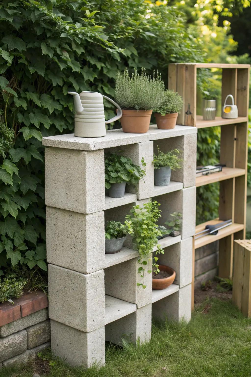 Transform your garden with these chic cinder block shelves, where simplicity meets style.