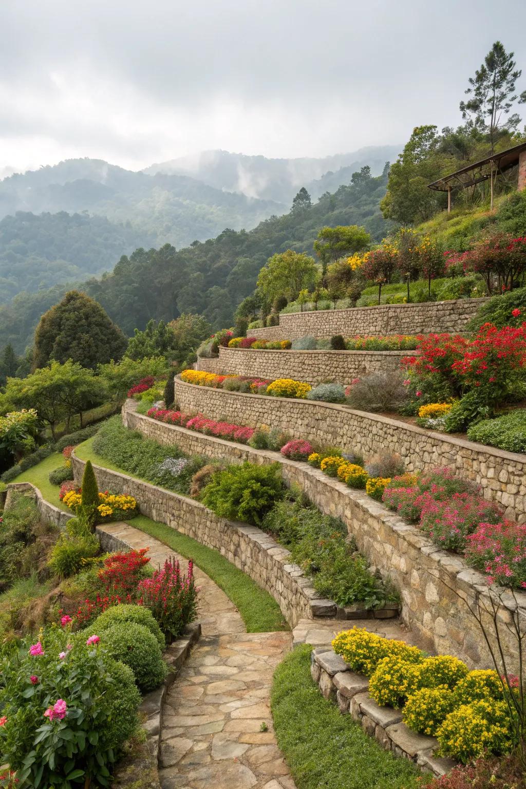 Stepped stone walls transform slopes into beautiful garden highlights.