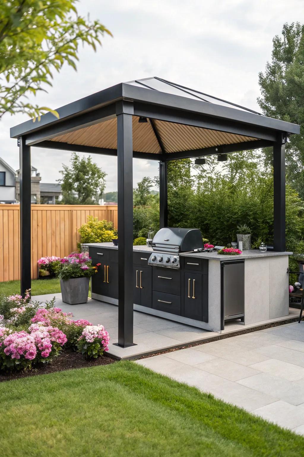 A modern and sleek gazebo offering a chic outdoor cooking experience.