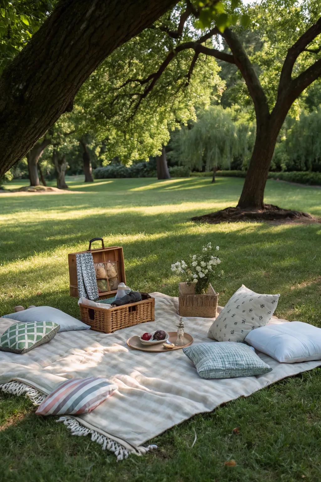 Craft a relaxed spot with blankets and cushions, perfect for casual park enjoyment.