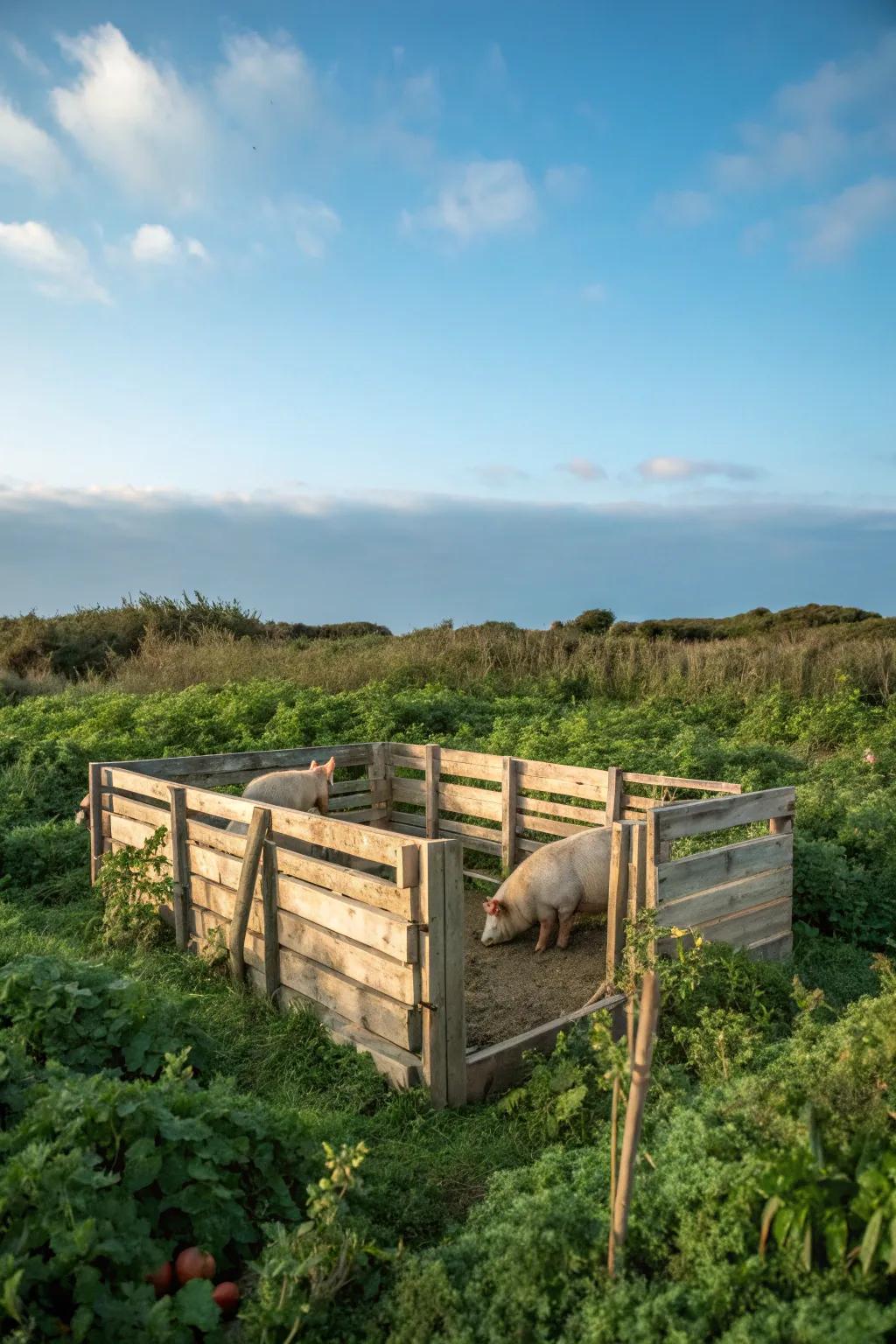 Eco-considerate pig pen constructed from repurposed shipping platforms.