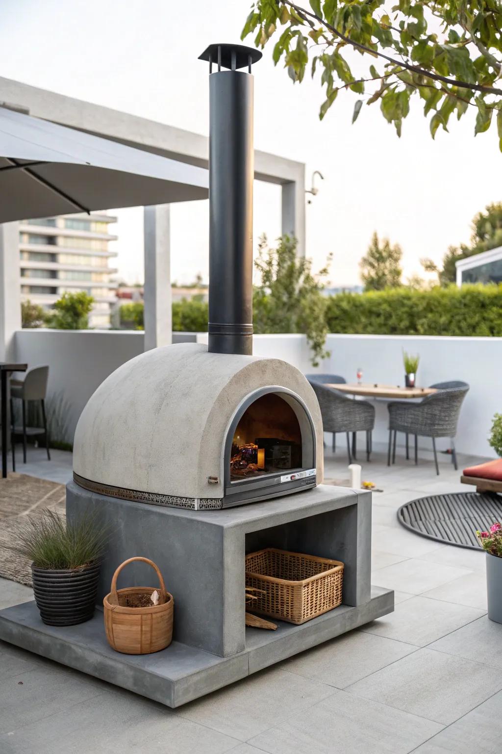 A minimalist pizza oven that seamlessly integrates into a contemporary outdoor space.