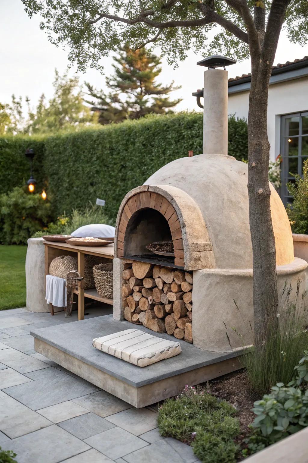 Elevate your outdoor cooking experience with a beautifully crafted pizza oven featuring elegant wood storage for convenience and style.