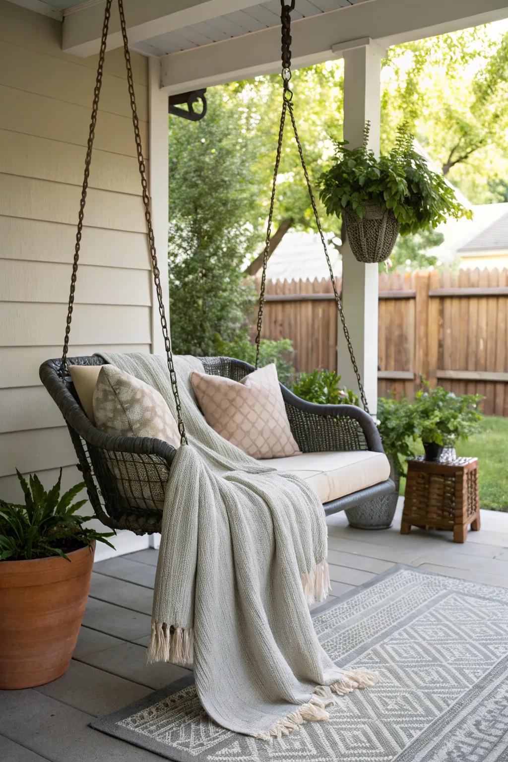 A stylish swinging chair offers a cozy retreat on this charming porch.