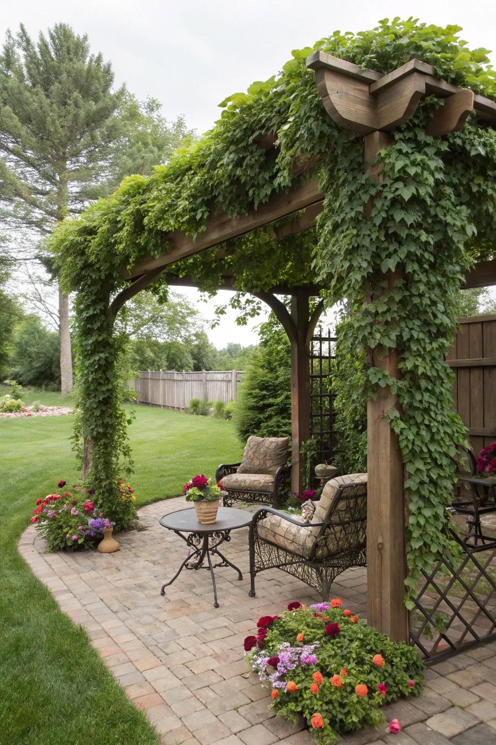 An overhead canopy creates a charming and shaded retreat.