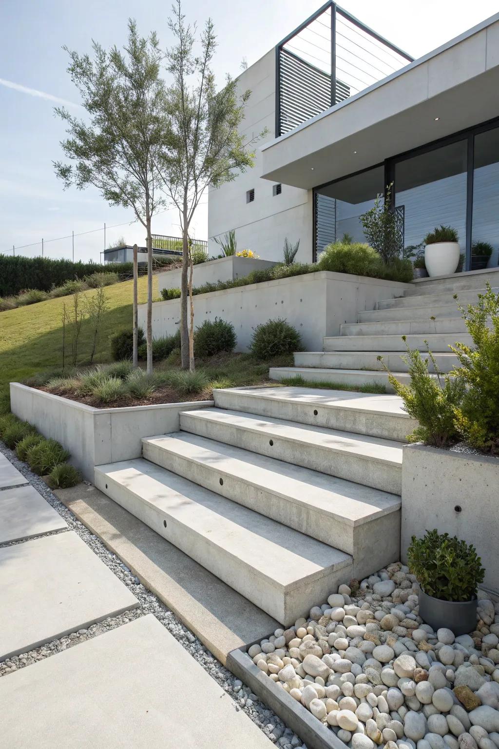 Sleek concrete steps offer a modern aesthetic in a minimalist garden setting.