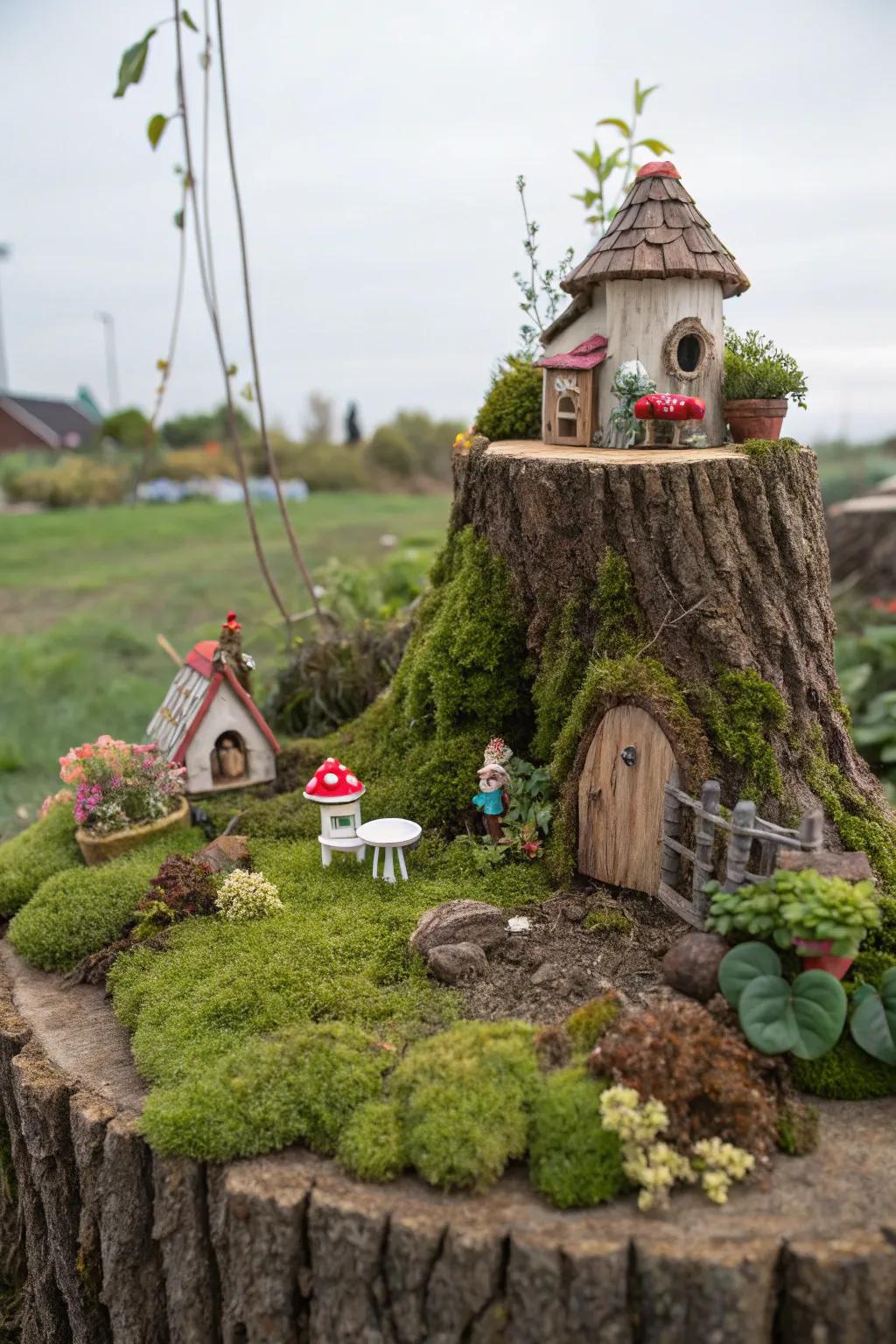 An enchanting fairy garden transforms any stump into a realm of pure magic.